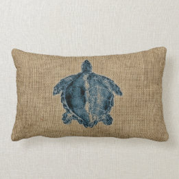 Burlap Creatures Illustration Blue Turtle Design Lumbar Pillow