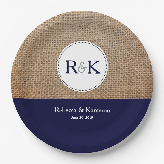 Burlap & Dark Blue Personalized Wedding Paper Plates (Front)