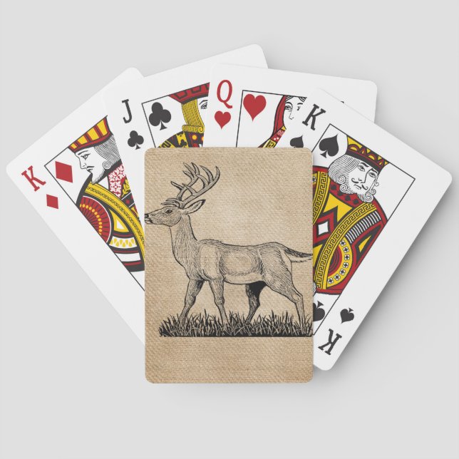 Burlap Deer Buck Horns Rustic  Background Poker Cards (Back)