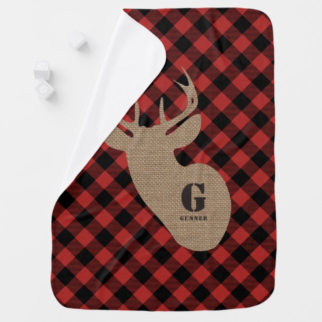 Burlap Deer Head Buffalo Plaid Baby Blanket (In Situ)