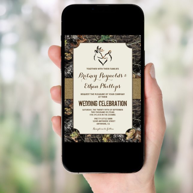 Burlap + Deer Hunting Camo Wedding Invitations (Front Digital)