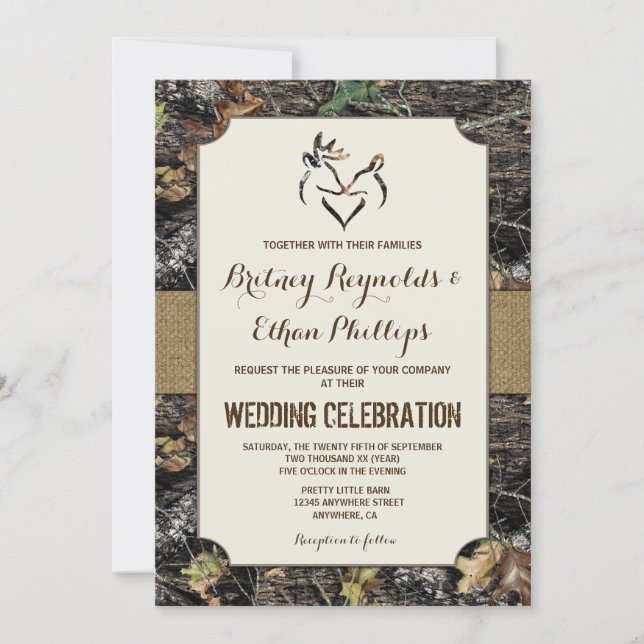 Burlap + Deer Hunting Camo Wedding Invitations (Front)