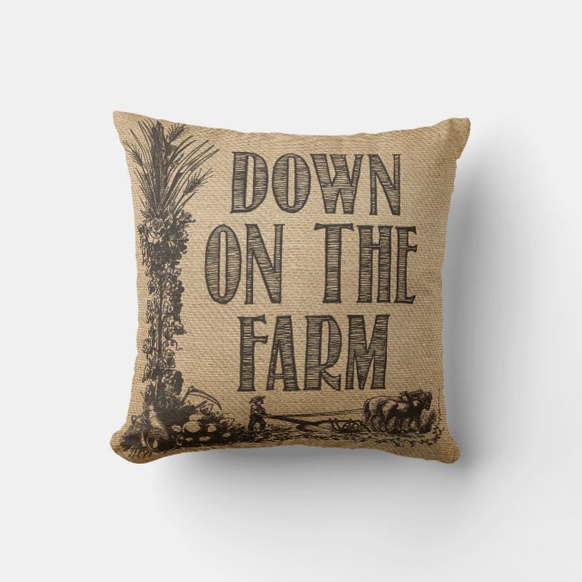 Burlap Down on The Farm Throw Pillow (Front)
