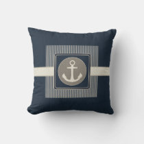 Burlap Effect Nautical Ship's Anchor Striped Throw Pillow