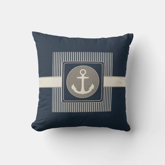 Burlap Effect Nautical Ship's Anchor Striped Throw Pillow (Front)