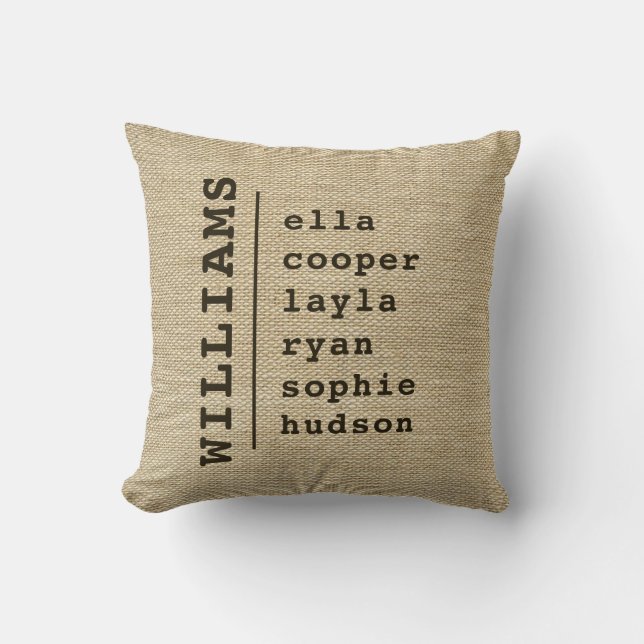 Burlap FAMILY NAME CHILDREN NAMES Kids Script Throw Pillow (Front)