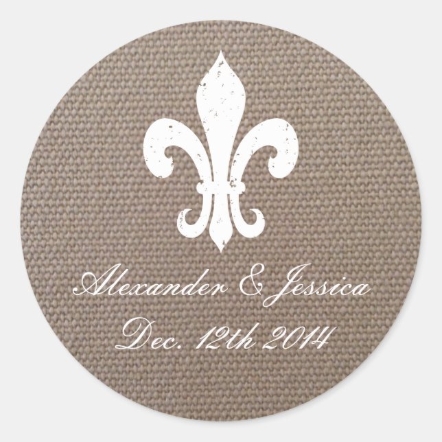 Burlap fleur de lis country chic wedding stickers (Front)