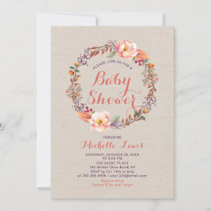 Burlap Floral Fall Girl Baby Shower Invitation