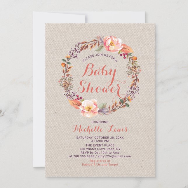 Burlap Floral Fall Girl Baby Shower Invitation (Front)