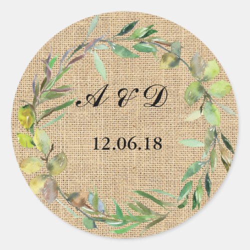 Burlap Floral Lights Stickers Round Wedding Label