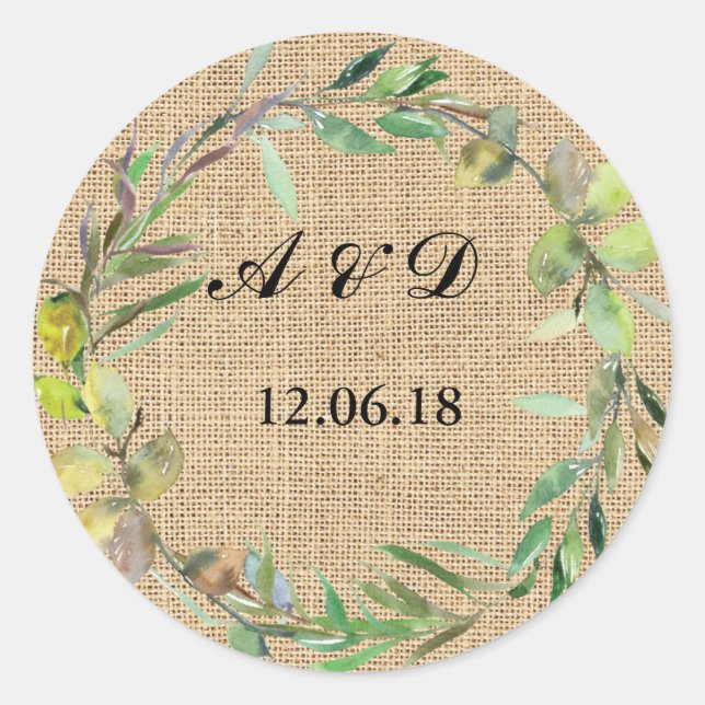 Burlap Floral Lights Stickers Round Wedding Label (Front)