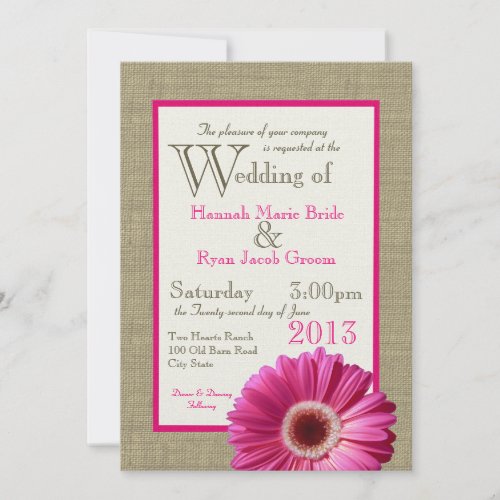 Burlap Fuchsia Gerbera Daisy Wedding Invites