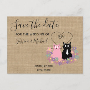 Burlap funny cute cartoon cats save the date announcement postcard