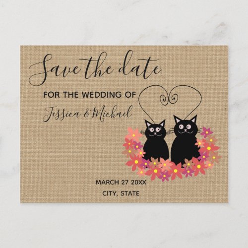 Burlap funny cute  cartoon cats save the date announcement postcard