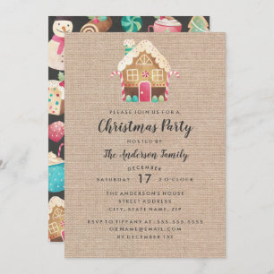 Burlap Gingerbread House Christmas Party Card