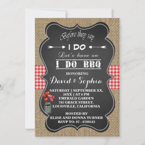 Burlap Gingham and Chalkboard I DO BBQ Invitation