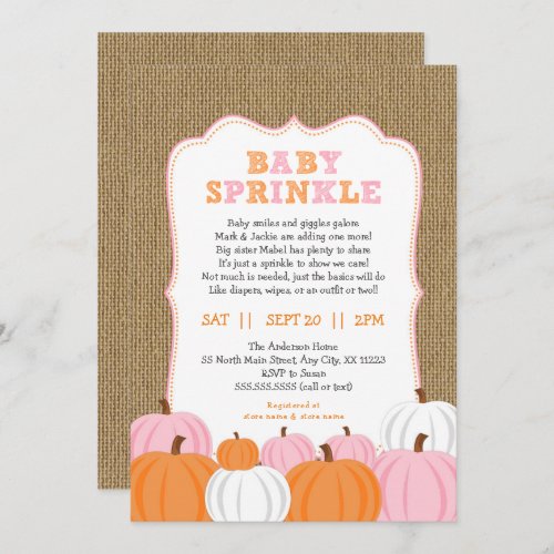 Burlap Girl Pumpkin baby sprinkle invitation