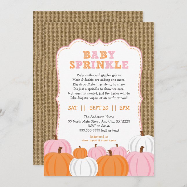 Burlap Girl Pumpkin baby sprinkle invitation (Front/Back)