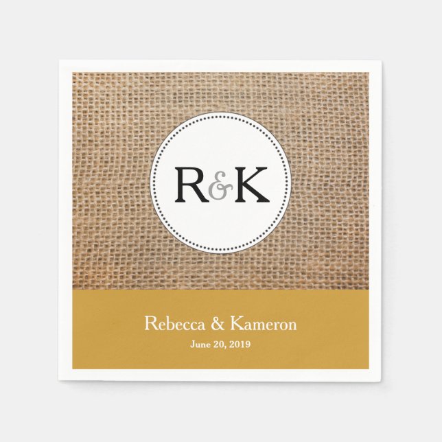 Burlap & Gold Monogrammed Wedding Paper Napkins (Front)