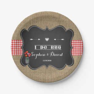 Burlap Gongham and Chalkboard I DO BBQ Custom Paper Plates