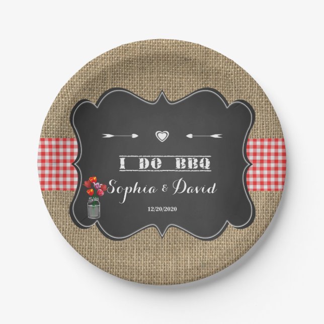 Burlap Gongham and Chalkboard I DO BBQ Custom Paper Plates (Front)