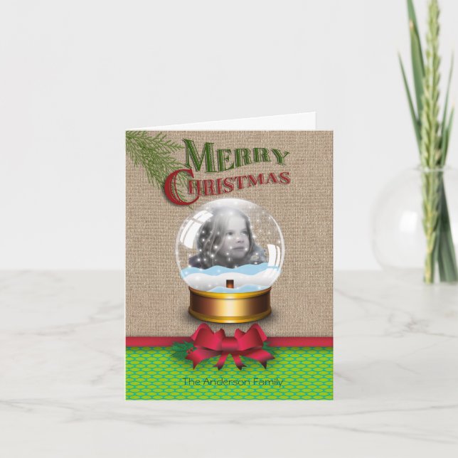 Burlap Green Honeycomb Christmas Photo Card (Front)