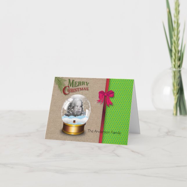 Burlap Green Honeycomb Christmas Photo Card (Front)