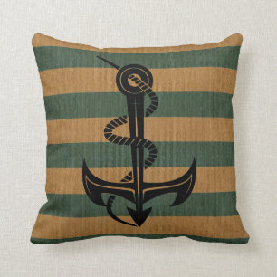 Burlap Green & Tan Stripes with Silhouette Anchor Throw Pillow