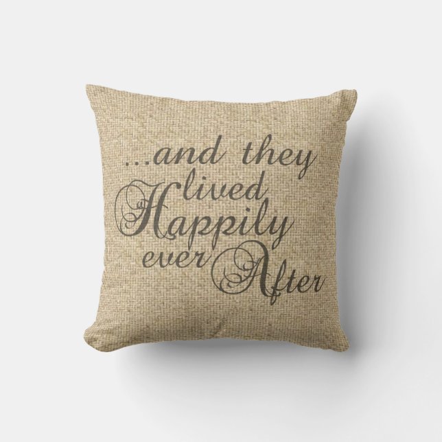 Burlap happy ever after wedding decorative pillow (Front)
