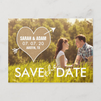 Burlap Heart | Rustic Save the Date Announcement Postcard