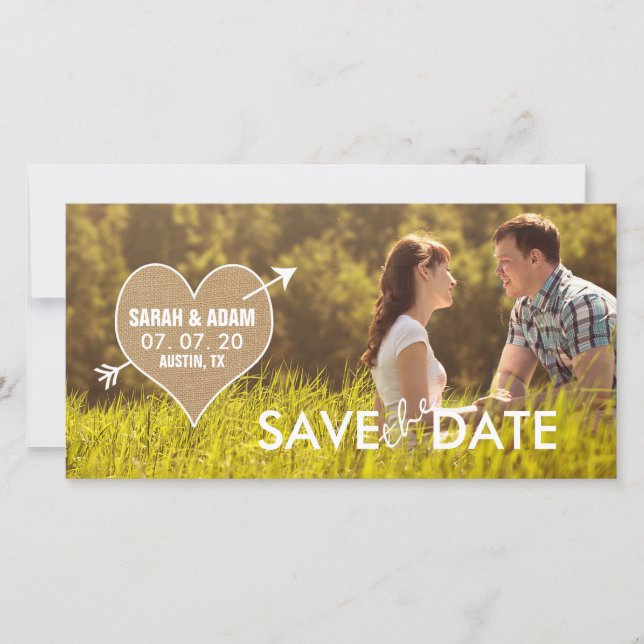 Burlap Heart | Rustic Save the Date Photo Card (Front)