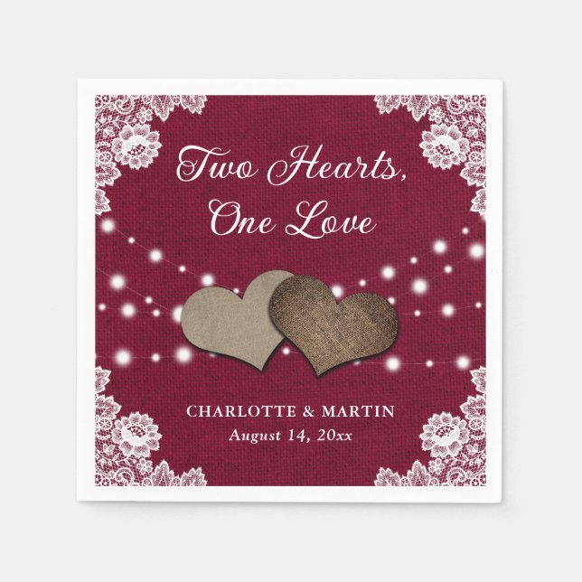 Burlap Hearts Lace Rustic Burgundy Wedding Napkins (Front)