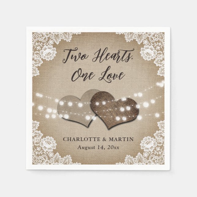 Burlap Hearts Lace Rustic Country Vintage Wedding  Napkins (Front)