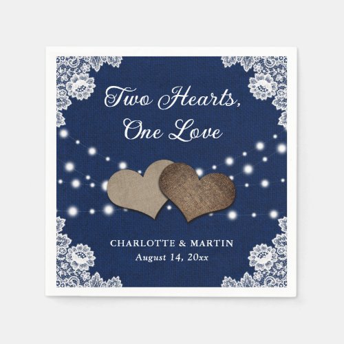 Burlap Hearts Lace Rustic Navy Blue Wedding Napkins