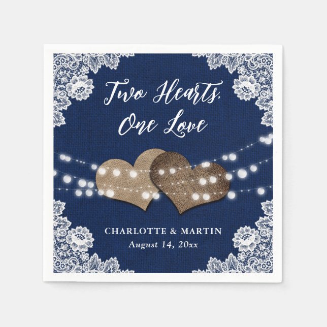 Burlap Hearts Lace Rustic Navy Blue Wedding Napkins (Front)