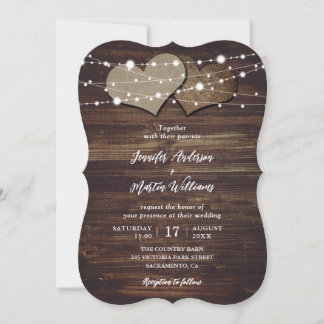 Burlap Hearts String Lights Rustic Wood Wedding Invitation