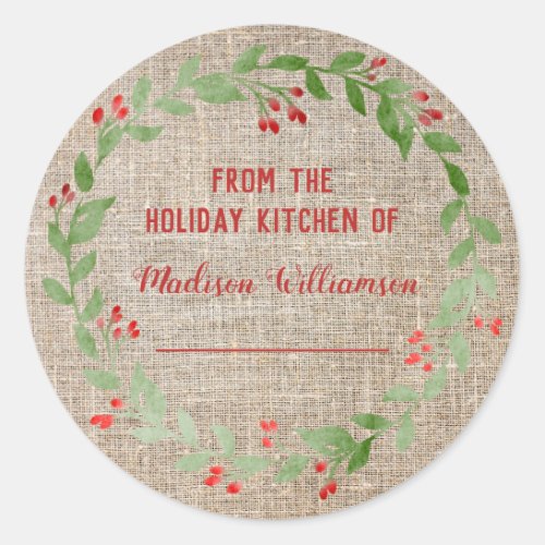 Burlap Holiday Kitchen  Canning  Homemade Jam Classic Round Sticker