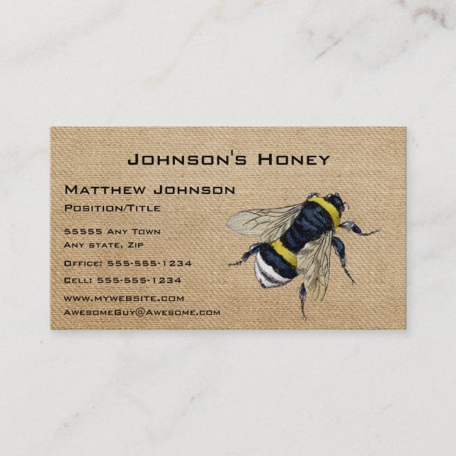 Burlap Honey Bee Business Card (Front)