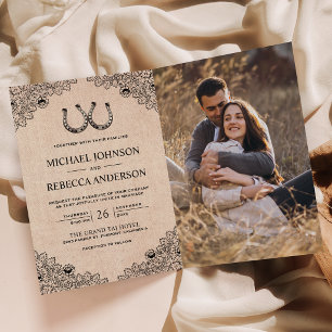 Burlap Horseshoes Lace Photo QR Code Wedding Invitation