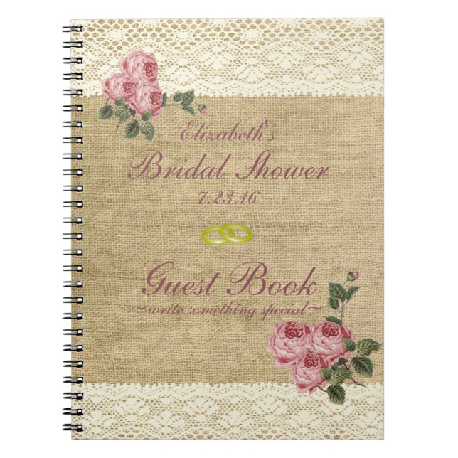 Burlap Image Pink Roses Bridal Shower Guest Book (Front)