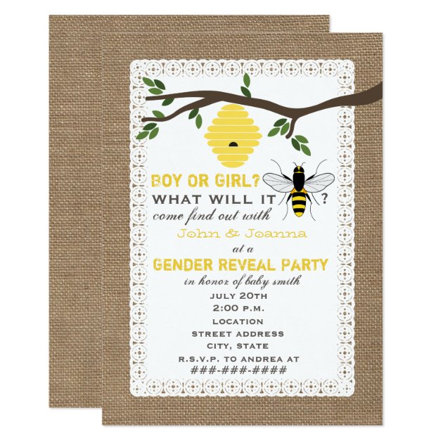 Burlap Inspired Bee Themed Gender Reveal Party Invitation