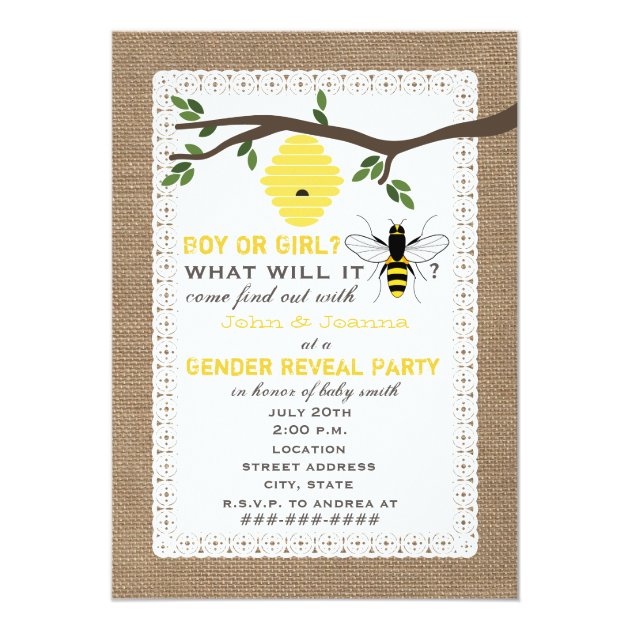 Burlap Inspired Bee Themed Gender Reveal Party Invitation