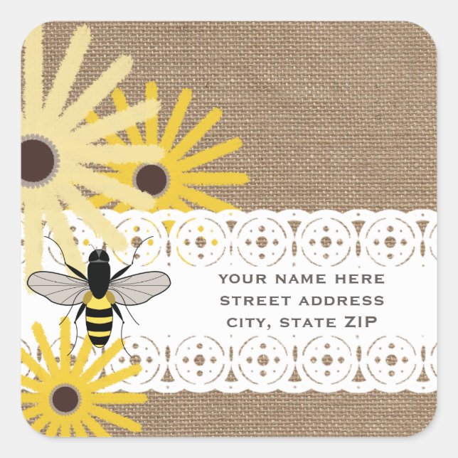 Burlap Inspired Black Eyed Susans & Bee Address Square Sticker (Front)
