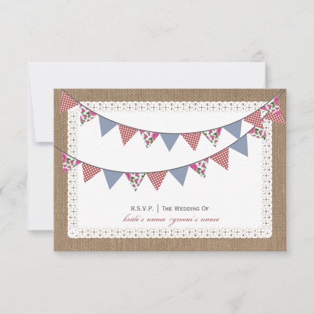 Burlap Inspired Floral & Gingham Bunting RSVP (Front)