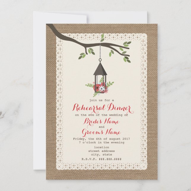Burlap Inspired Floral Lantern Rehearsal Dinner Invitation (Front)