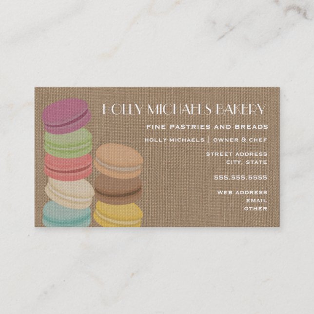 Burlap Inspired French Macarons Bakery Business Card (Front)