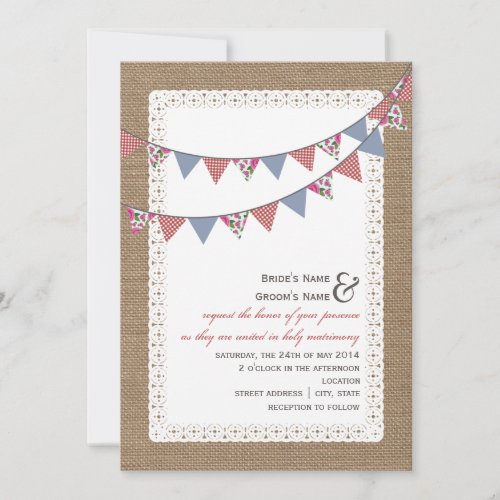 Burlap Inspired Gingham  Floral Bunting Wedding Invitation