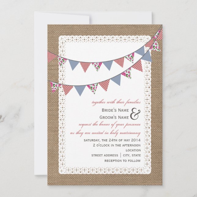Burlap Inspired Gingham & Floral Bunting Wedding Invitation (Front)