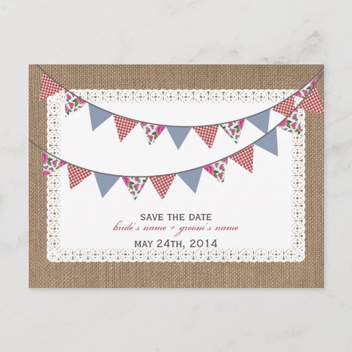 Burlap Inspired Gingham Floral Flags Save The Date Announcement Postcard