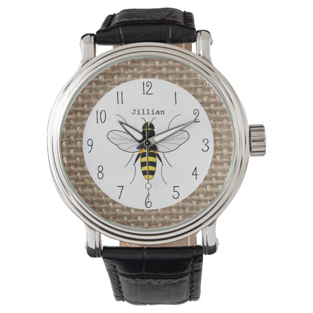 Burlap Inspired Honey Bee Personalized Watch (Front)